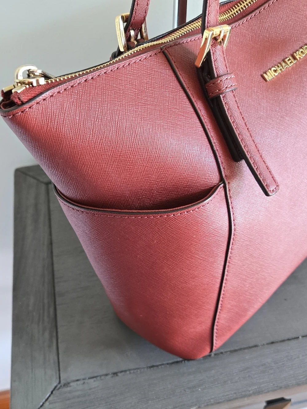 Michael Kors Jet Set  Brick Red Saffiano Leather Tote with Gold MK Charm